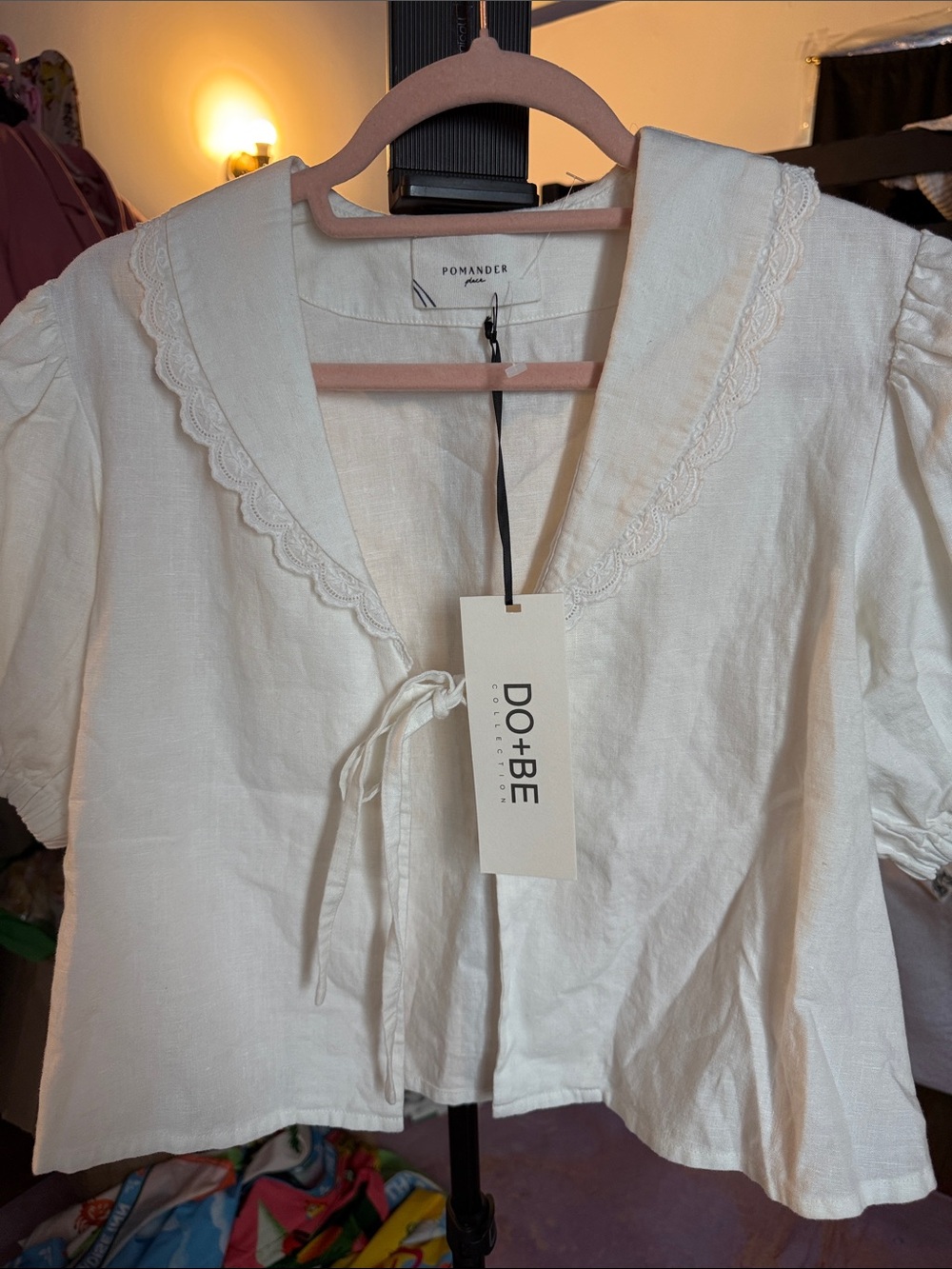 DO+BE Cream Lace-Trim Tie-Front Blouse